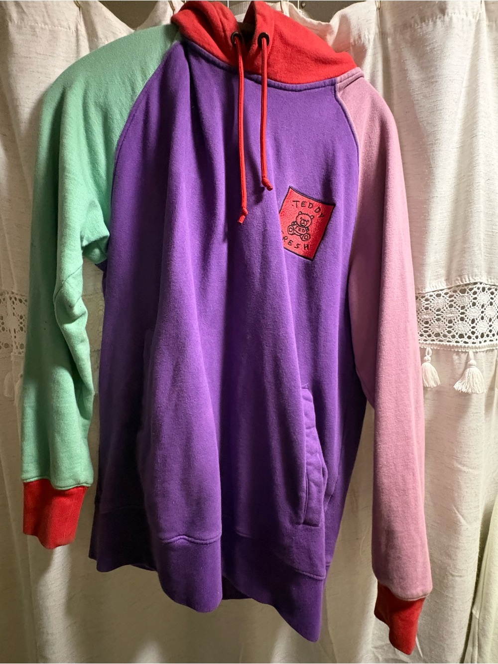 Teddy Fresh Purple Pullover Hoodie with Red Hood and Mint/Pink Sleeves